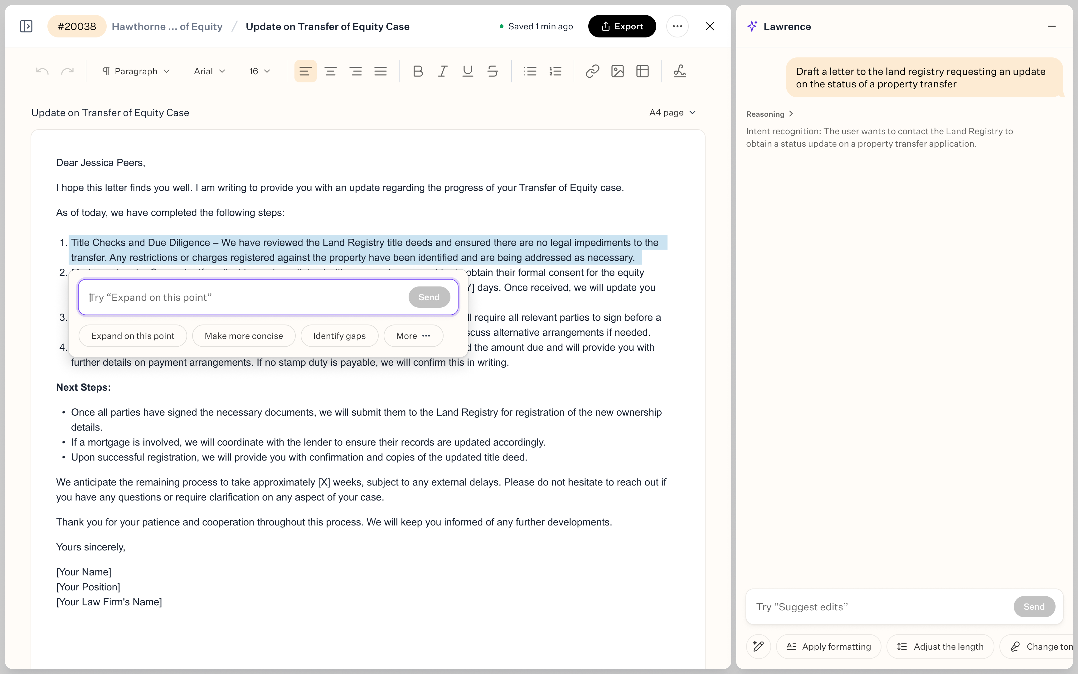 Selecting text in generated document.