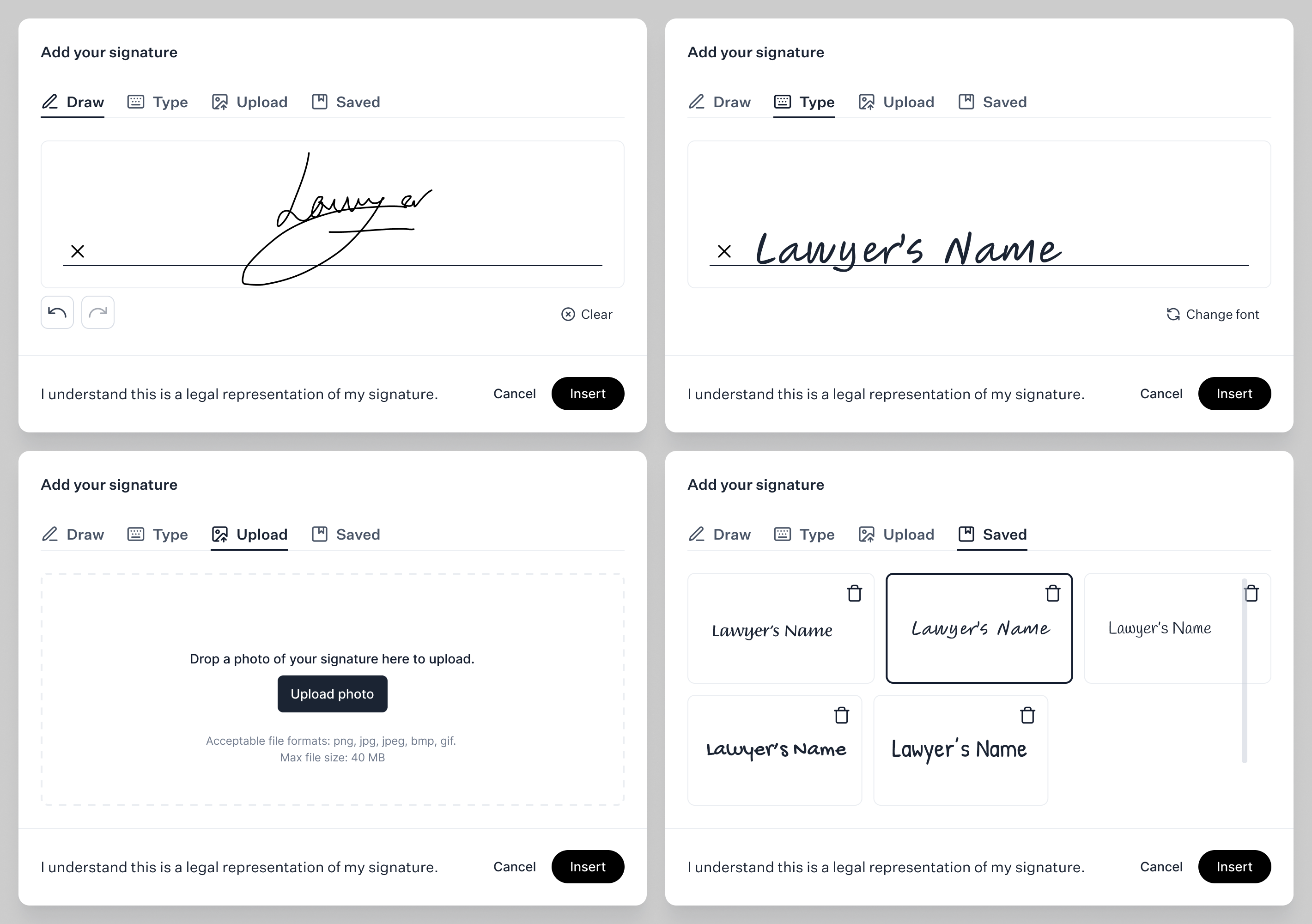 Lawyers can create, type, upload and save signatures.
