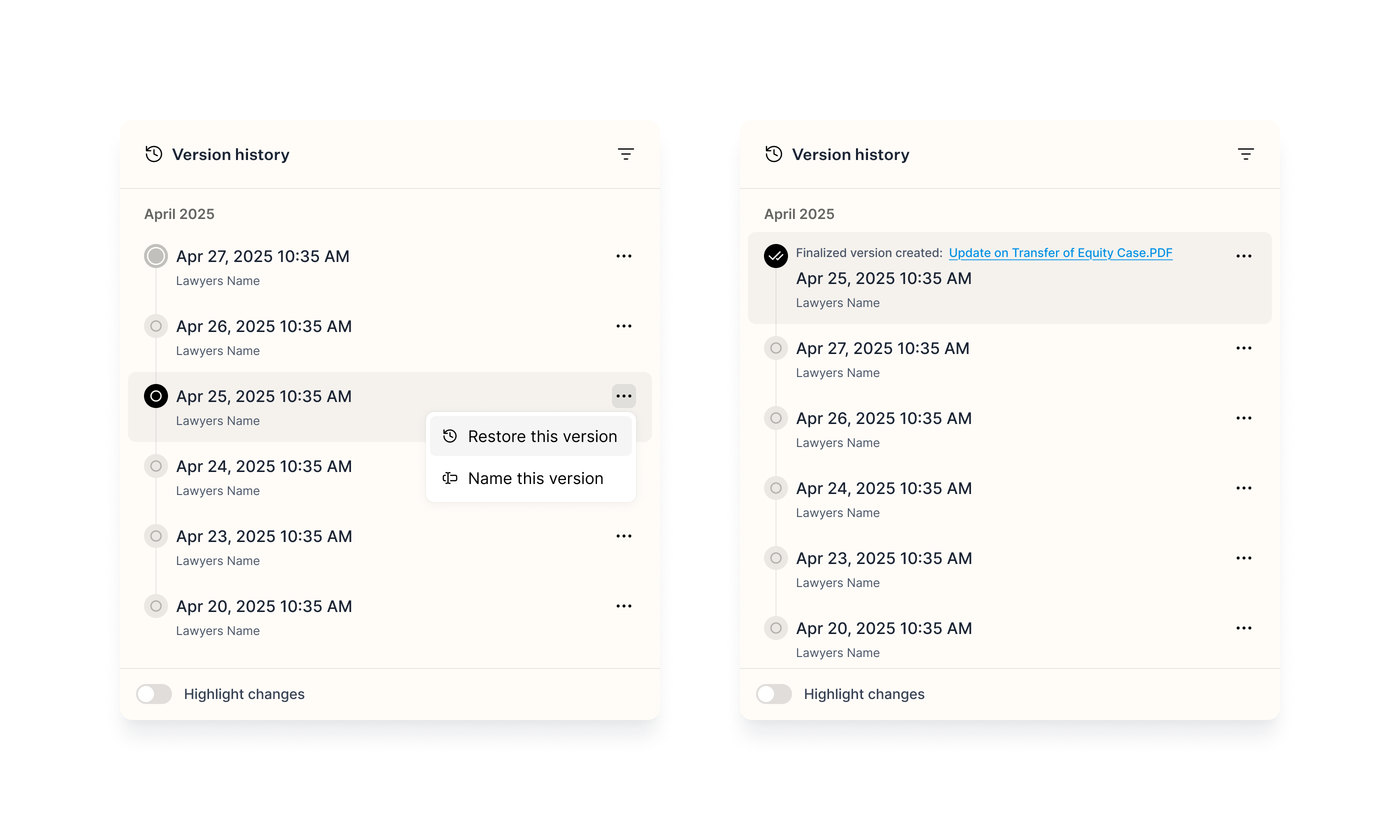 Version history allows to name, restore, and finalize (export & share) any snapshot of the generated document.