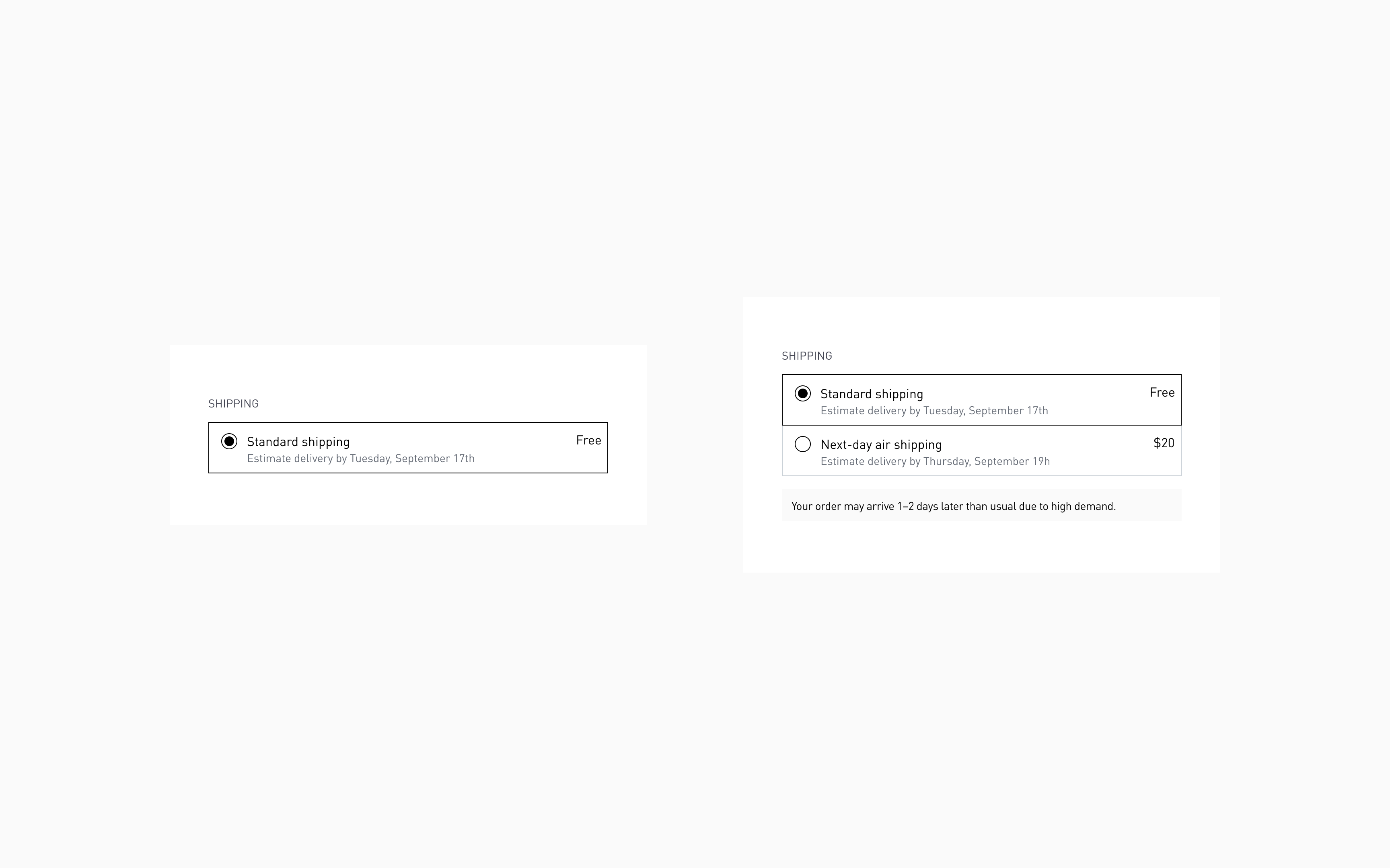Shipping methods are visible with estimated delivery for each option